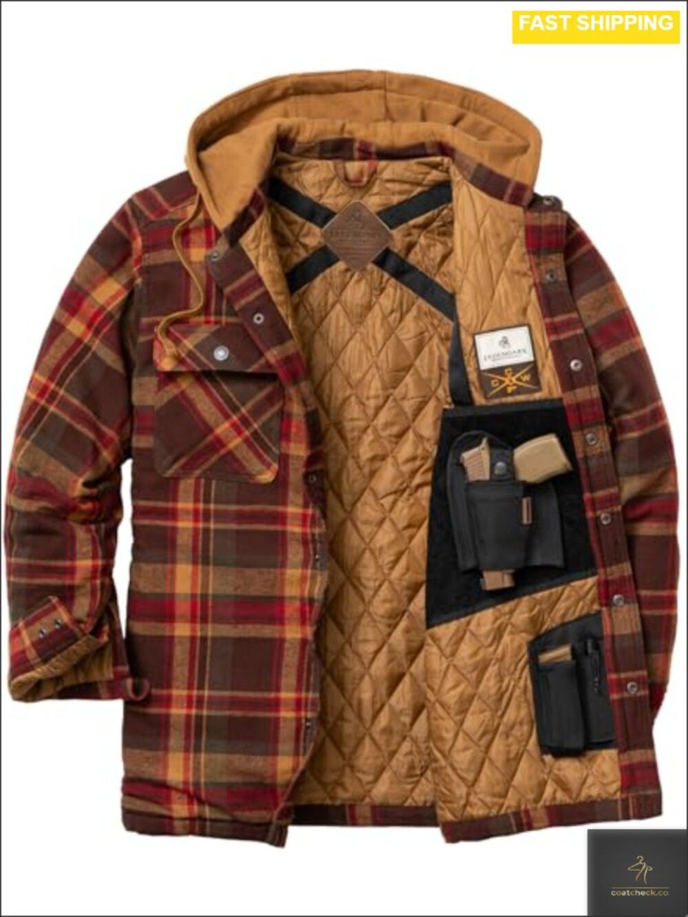 Men's Quilted Flannel Shirt Jacket CCW Hooded Shacket Concealed Carry